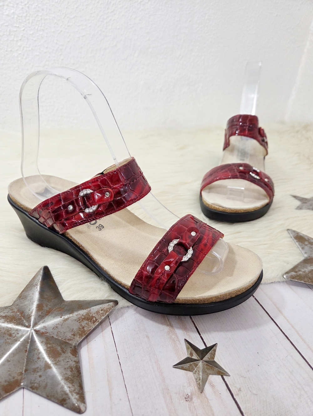 Mephisto Wedge Sandals Naiade dark red Women Leather Rhinestones Comfort size 39